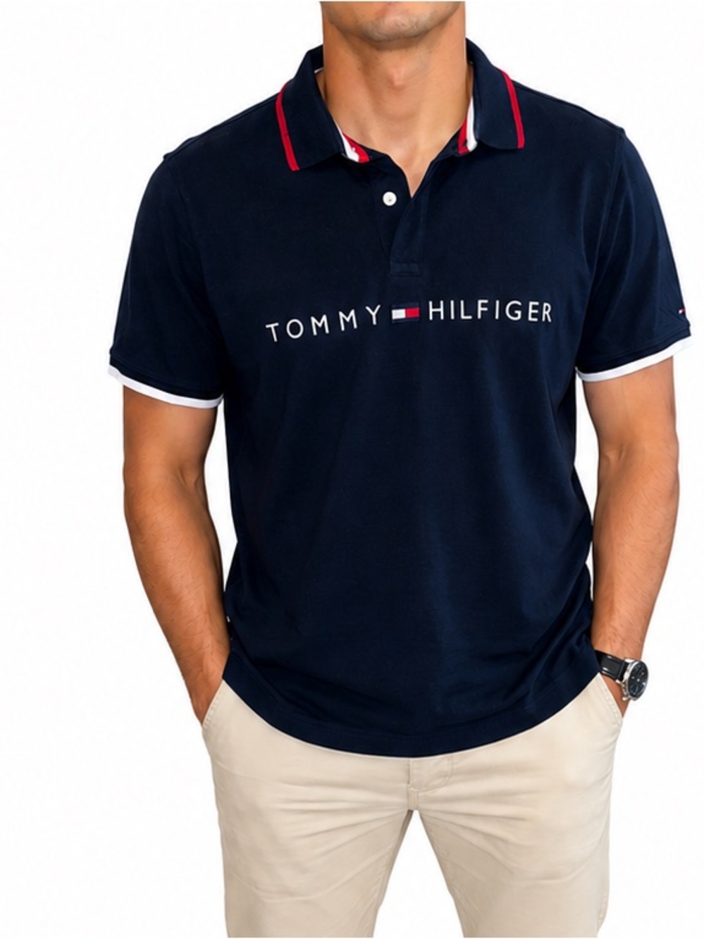 Tommy Hilfiger Men Navy Polo with Red Trim and White Logo size L